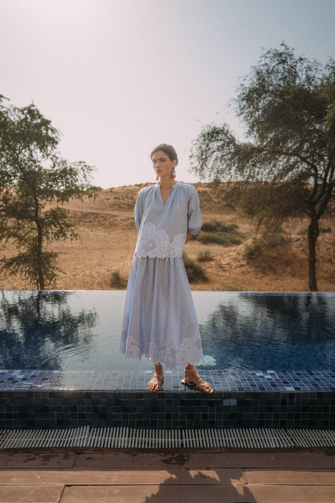 Cotton stripe dress by the pool