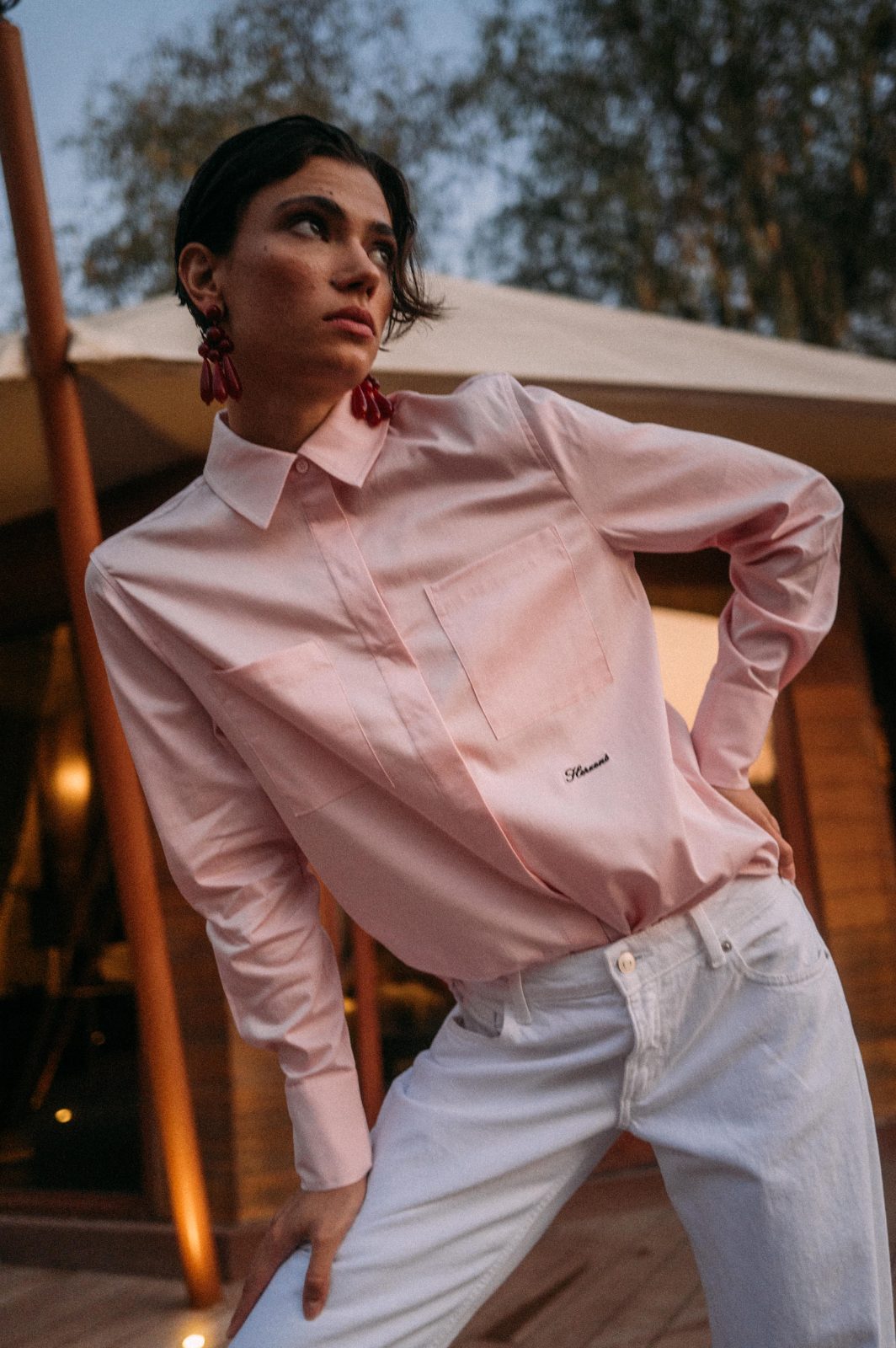 Pink shirt with white jeans