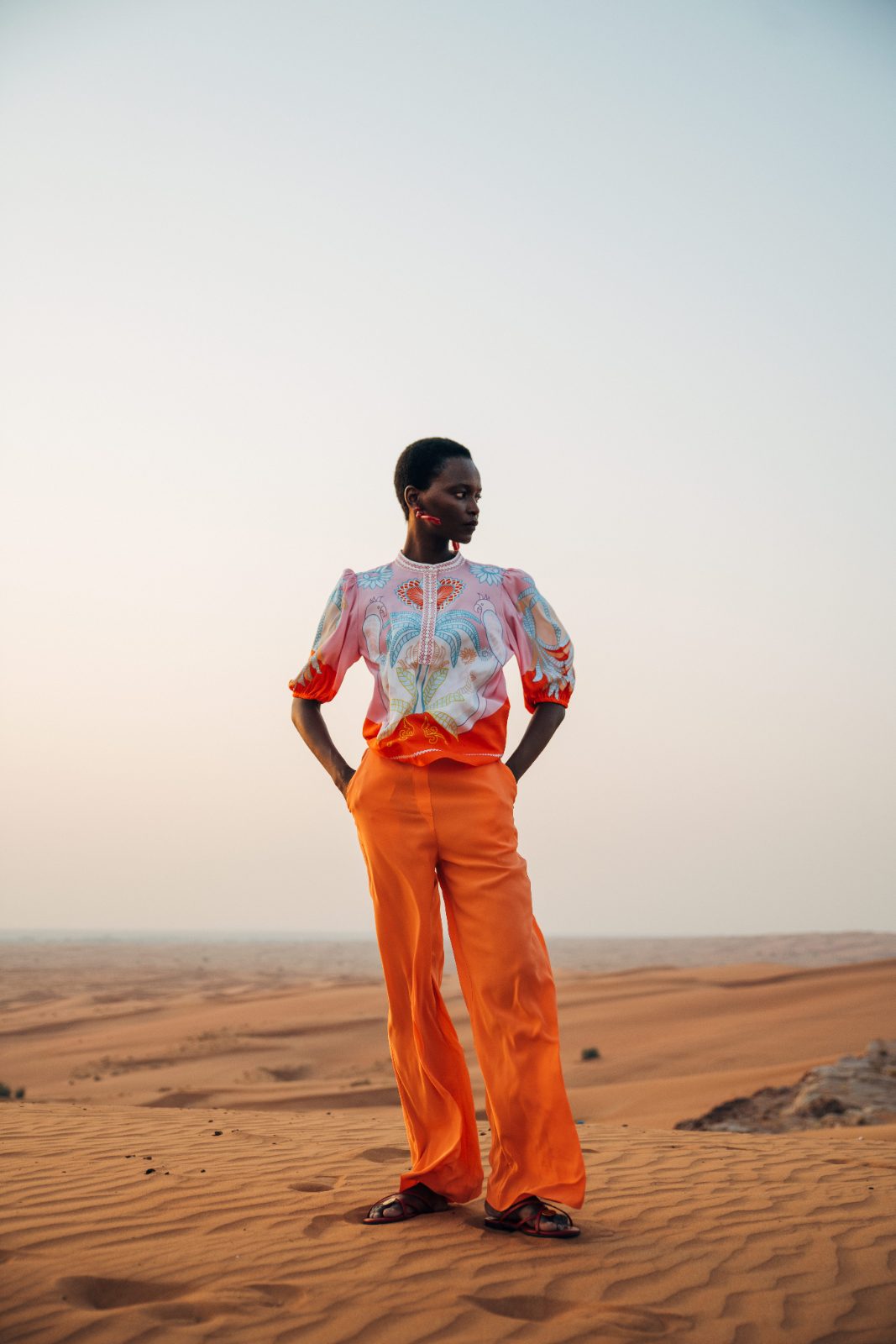 Floral silk with orange trousers