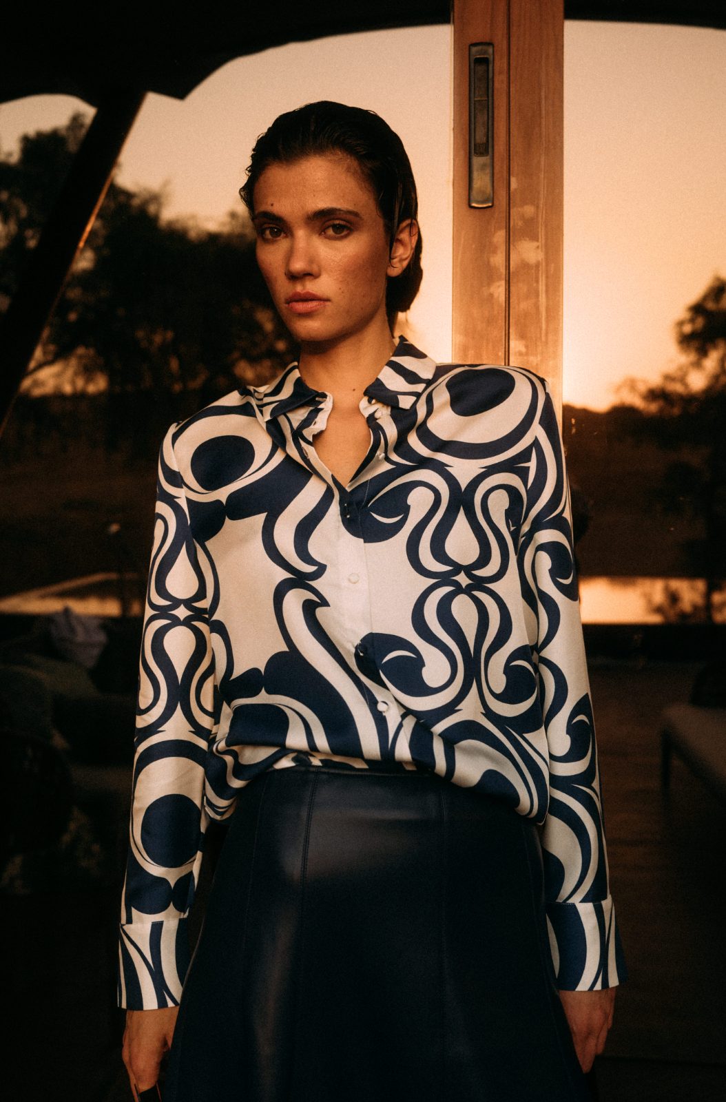 Navy swirl blouse